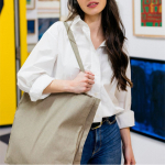 Saco de compras de algodão reciclado com alças longas 300 g/m2 cor bege quarta vista