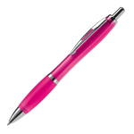 Caneta de plástico transparente com detalhes metálicos e tinta azul cor cor-de-rosa