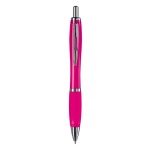 Caneta de plástico transparente com detalhes metálicos e tinta azul cor cor-de-rosa segunda vista