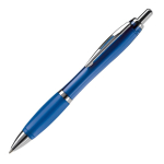 Caneta de plástico transparente com detalhes metálicos e tinta azul cor azul transparente