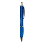 Caneta de plástico transparente com detalhes metálicos e tinta azul cor azul transparente quinta vista