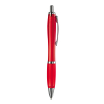 Caneta de plástico transparente com detalhes metálicos e tinta azul cor vermelho transparente quinta vista