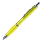 Caneta de plástico transparente com detalhes metálicos e tinta azul cor amarelo transparente