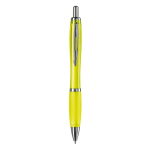 Caneta de plástico transparente com detalhes metálicos e tinta azul cor amarelo transparente segunda vista
