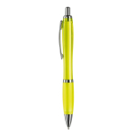 Caneta de plástico transparente com detalhes metálicos e tinta azul cor amarelo transparente terceira vista