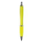 Caneta de plástico transparente com detalhes metálicos e tinta azul cor amarelo transparente quarta vista