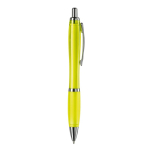 Caneta de plástico transparente com detalhes metálicos e tinta azul cor amarelo transparente quinta vista