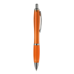 Caneta de plástico transparente com detalhes metálicos e tinta azul cor cor-de-laranja transparente quinta vista