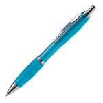 Caneta de plástico transparente com detalhes metálicos e tinta azul cor azul-claro transparente