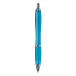 Caneta de plástico transparente com detalhes metálicos e tinta azul cor azul-claro transparente quarta vista