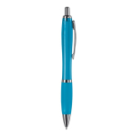 Caneta de plástico transparente com detalhes metálicos e tinta azul cor azul-claro transparente quinta vista
