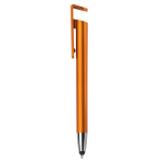 Caneta de plástico com ponteira e suporte para telemóvel, tinta azul cor cor-de-laranja segunda vista