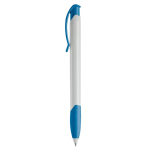 Caneta de plástico branco com clipe arqueado colorido feita na UE cor branco/azul