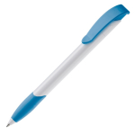 Caneta de plástico branco com clipe arqueado colorido feita na UE cor branco/azul terceira vista