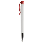 Caneta de plástico de cor branca com detalhes no botão cor vermelho