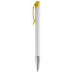 Caneta de plástico de cor branca com detalhes no botão cor amarelo