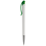 Caneta de plástico de cor branca com detalhes no botão cor verde