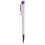 Caneta de plástico de cor branca com detalhes no botão cor violeta