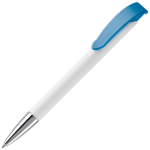 Caneta de plástico de cor branca com detalhes no botão cor branco/azul terceira vista
