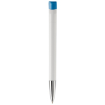 Caneta de plástico de cor branca com detalhes no botão cor branco/azul quarta vista