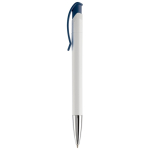 Caneta de plástico de cor branca com detalhes no botão cor azul-escuro