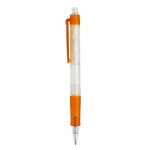 Caneta transparente de material biodegradável com detalhes coloridos cor cor-de-laranja