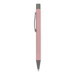 Caneta de alumínio com acabamento soft-touch e tinta azul cor rosa pastel