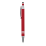 Caneta de alumínio com acabamento soft-touch e 3 anéis prateados cor vermelho