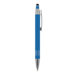 Caneta de alumínio com acabamento soft-touch e 3 anéis prateados cor azul-claro quinta vista