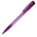 Caneta de plástico transparente colorida com clip arqueado cor roxo terceira vista