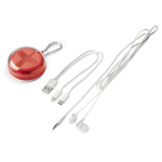 Estojo com mosquetão que inclui auriculares e cabo de carregamento cor vermelho quinta vista