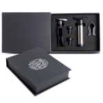 Conjunto de vinho com vários utensílios, como bomba e saca-rolhas cor preto