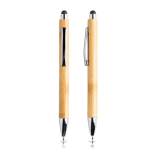 Esferográfica e roller feitos de bambu com clip e estojo, tinta azul cor preto