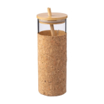 Copo de vidro com base de cortiça e tampa e palhinha de bambu 450ml cor castanho primeira vista
