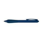 Caneta de plástico reciclado com corpo de borracha tinta azul segunda vista frontal