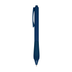 Caneta de plástico reciclado com corpo de borracha tinta azul vista lateral