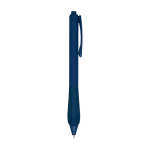 Caneta de plástico reciclado com corpo de borracha tinta azul segunda vista com lateral