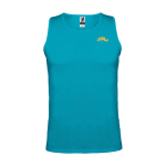 T-shirt desportiva infantil, etiqueta amovível 140 g/m2 Roly cor turquesa vista impressão serigrafia