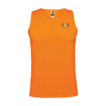 T-shirt desportiva infantil, etiqueta amovível 140 g/m2 Roly cor cor-de-laranja fluorescente vista impressão serigrafia
