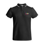 Polo desportivo infantil de poliéster, manga curta 140 g/m2 Roly cor branco/preto vista impressão serigrafia