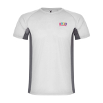 T-shirt desportiva infantil bicolor de poliéster 140 g/m2 Roly cor branco vista impressão serigrafia
