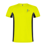 T-shirt desportiva infantil bicolor de poliéster 140 g/m2 Roly cor amarelo vista impressão serigrafia
