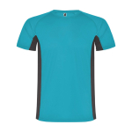 T-shirt desportiva infantil bicolor de poliéster 140 g/m2 Roly cor turquesa