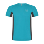 T-shirt desportiva infantil bicolor de poliéster 140 g/m2 Roly cor turquesa vista impressão serigrafia