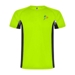 T-shirt desportiva infantil bicolor de poliéster 140 g/m2 Roly cor verde fluorescente vista impressão serigrafia