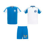 Conjunto desportivo unissexo, poliéster, 2 t-shirts 140 g/m2 Roly cor branco/azul vista impressão serigrafia