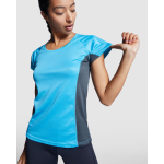 T-shirt desportiva de poliéster para mulher bicolor 140 g/m2 Roly cor turquesa imagem de estilo de vida