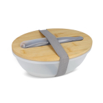 Lancheira com tampa de bambu e set de talheres com fecho elástico cor cinzento