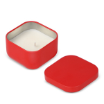Vela de cera vegetal com aroma a baunilha em frasco de metal cúbico cor vermelho quinta vista