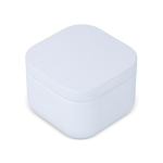 Vela de cera vegetal com aroma a baunilha em frasco de metal cúbico cor branco